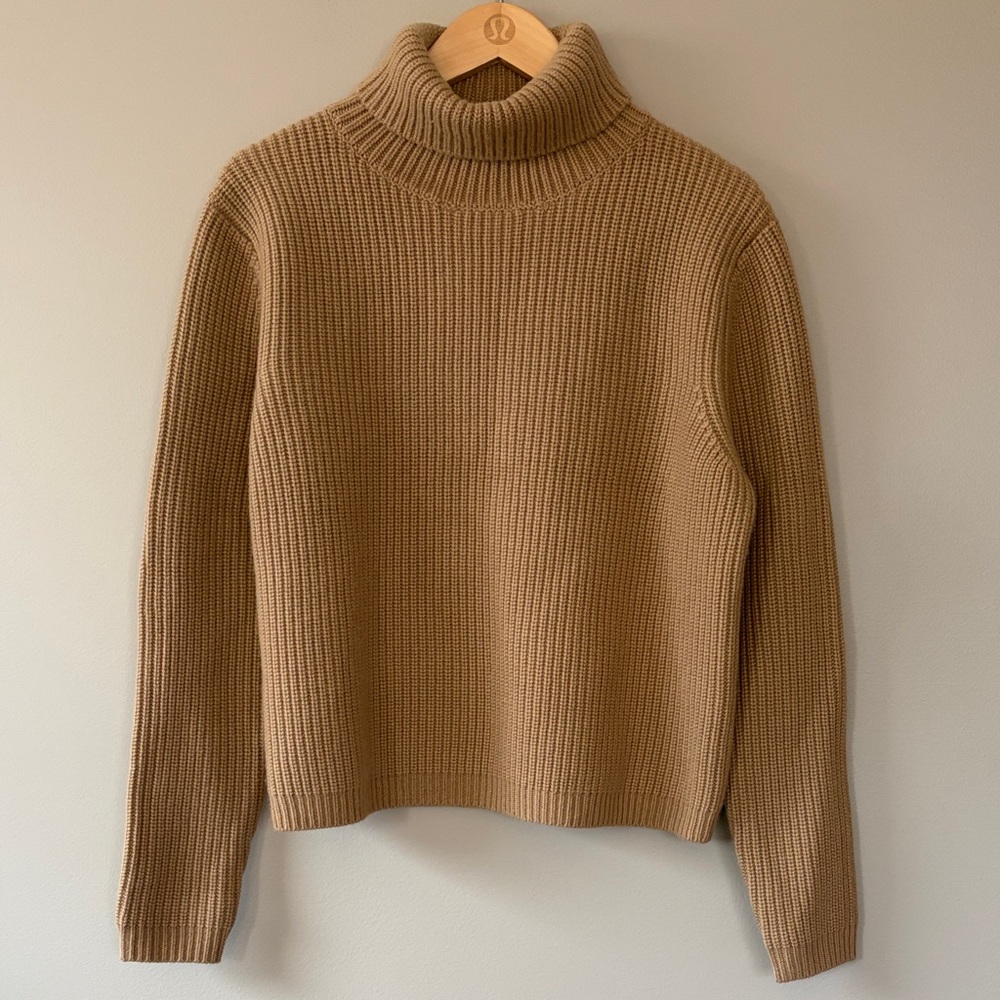 Jenni Kayne Cropped Turtleneck Ribbed Sweater Cashmere Wool‎ Caramel Large